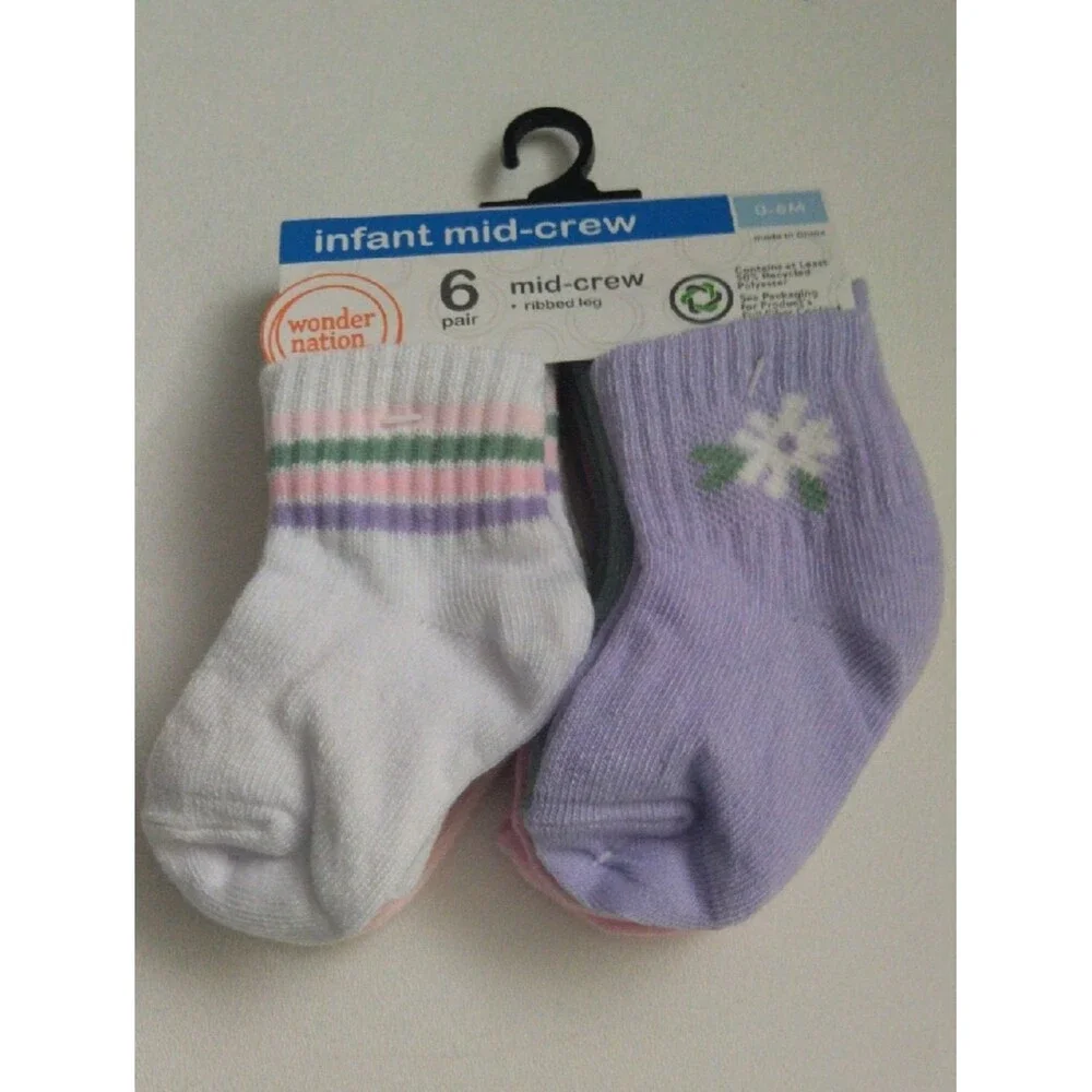 Wonder nation Infant Girls Multi Color Socks 6 Pairs Ribbed Leg New 0-6M
